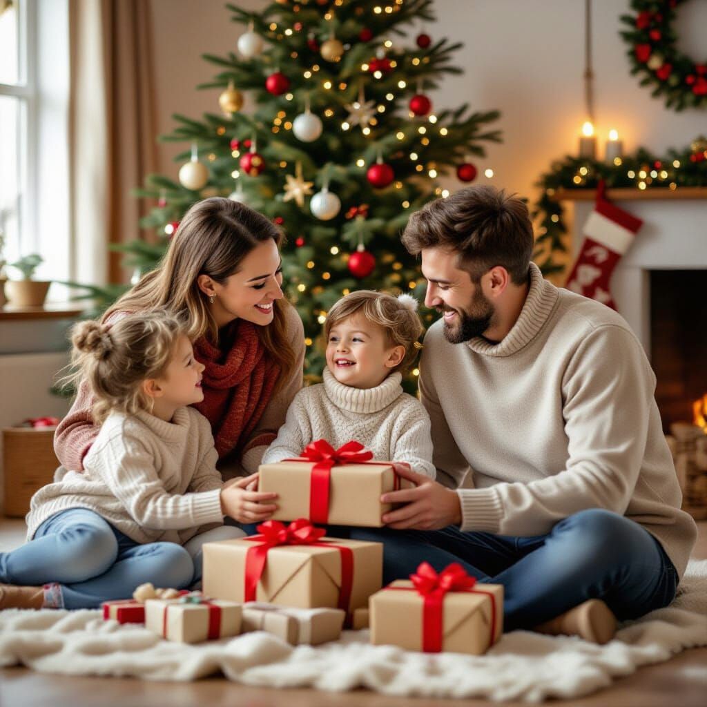 English Family Christmas Celebration With Tree and Gifts