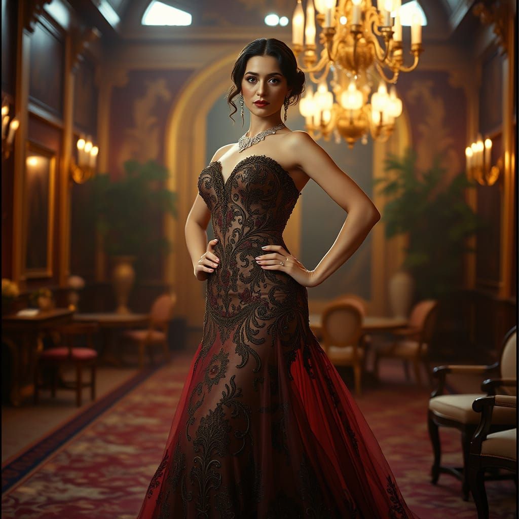 Elegant Woman in High-Society Gown, Classic Cinema Style