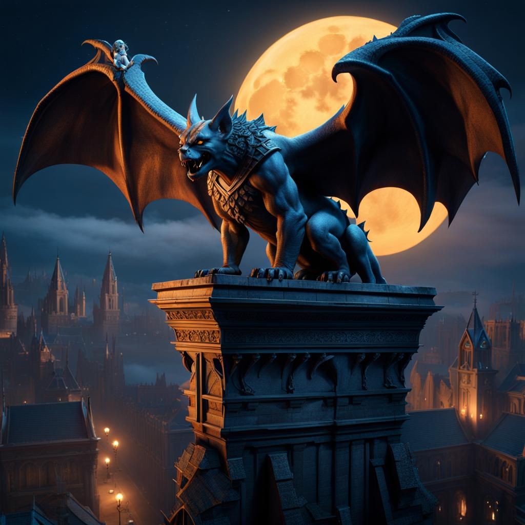 Gargoyle Perched Atop Flying Buttress in Moonlight