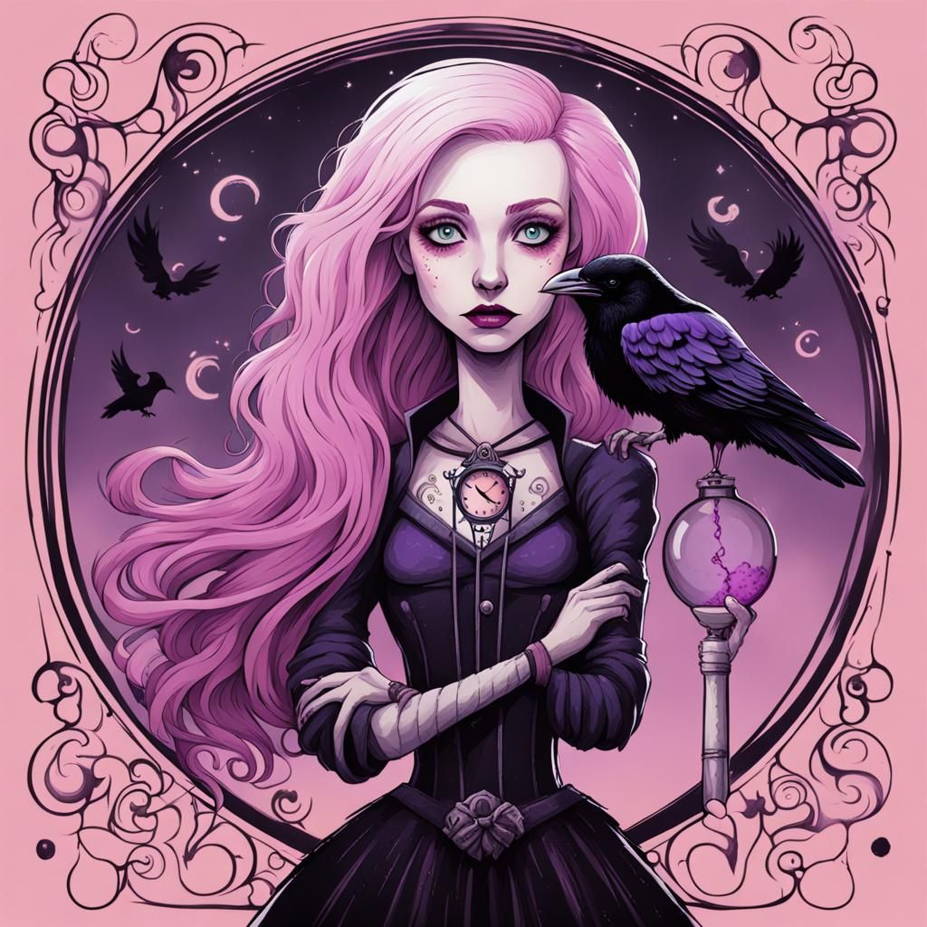 Pink Haired Woman with Raven in Burton Style