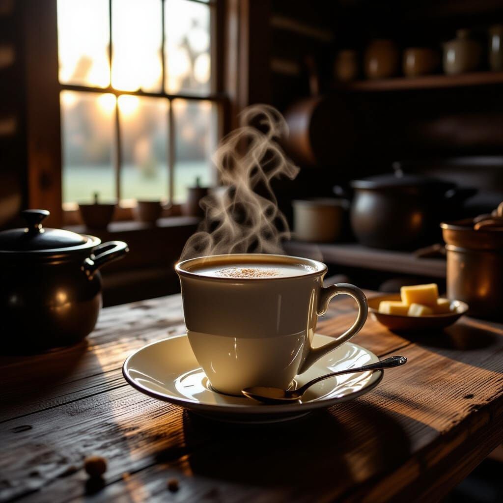 Steaming Coffee in Rustic 18th Century Cabin
