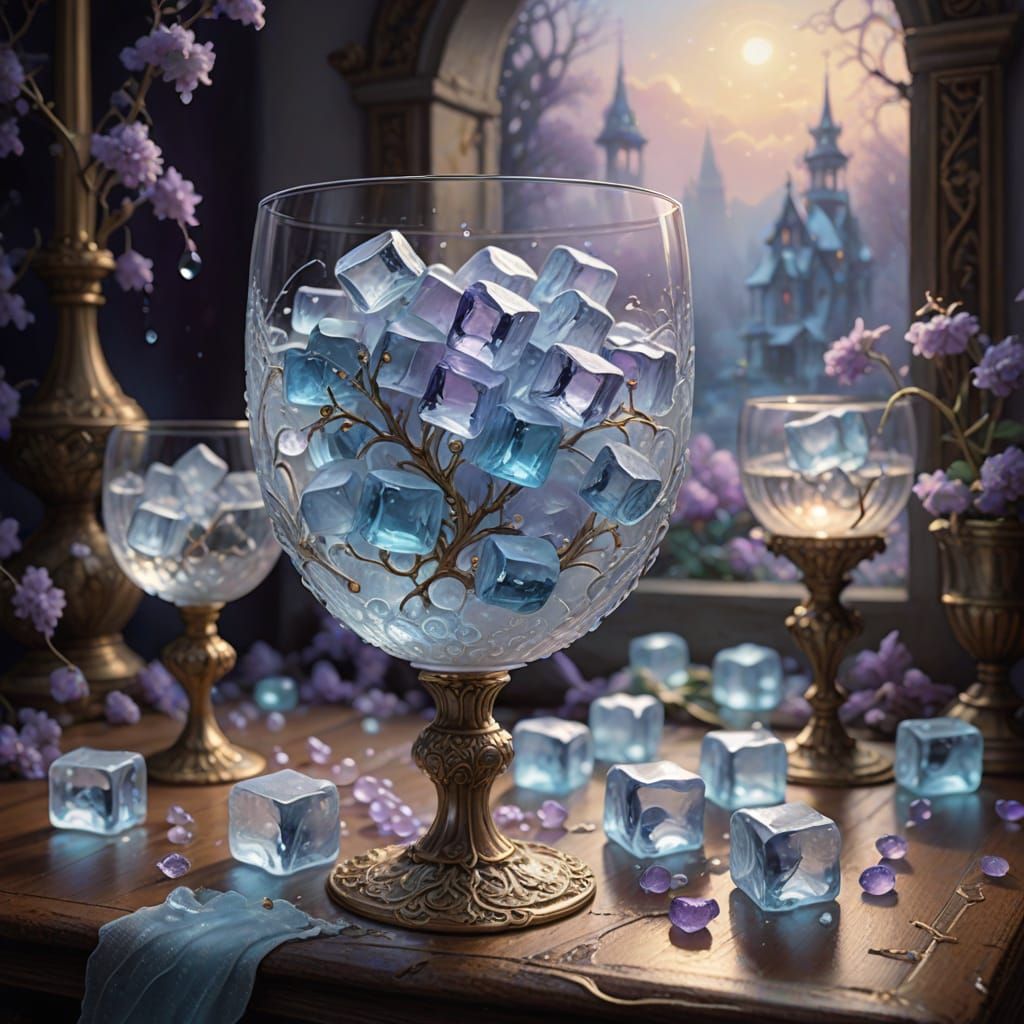 Ethereal Fantasy Art: Melting Ice Cubes in Ornate Goblet