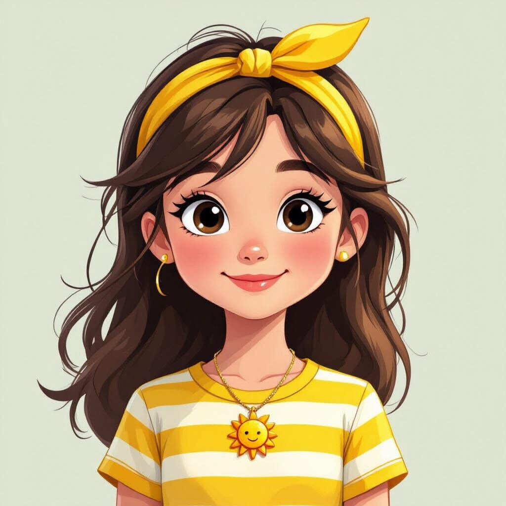 2D Cartoon Girl With Sun Necklace and Striped Shirt