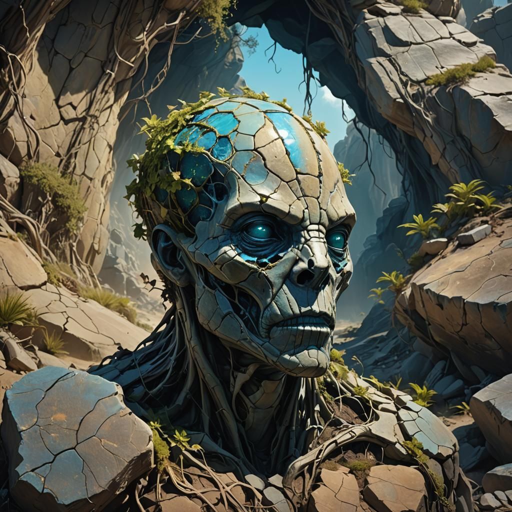 Cracked Stone Head in Alien Landscape: Concept Art