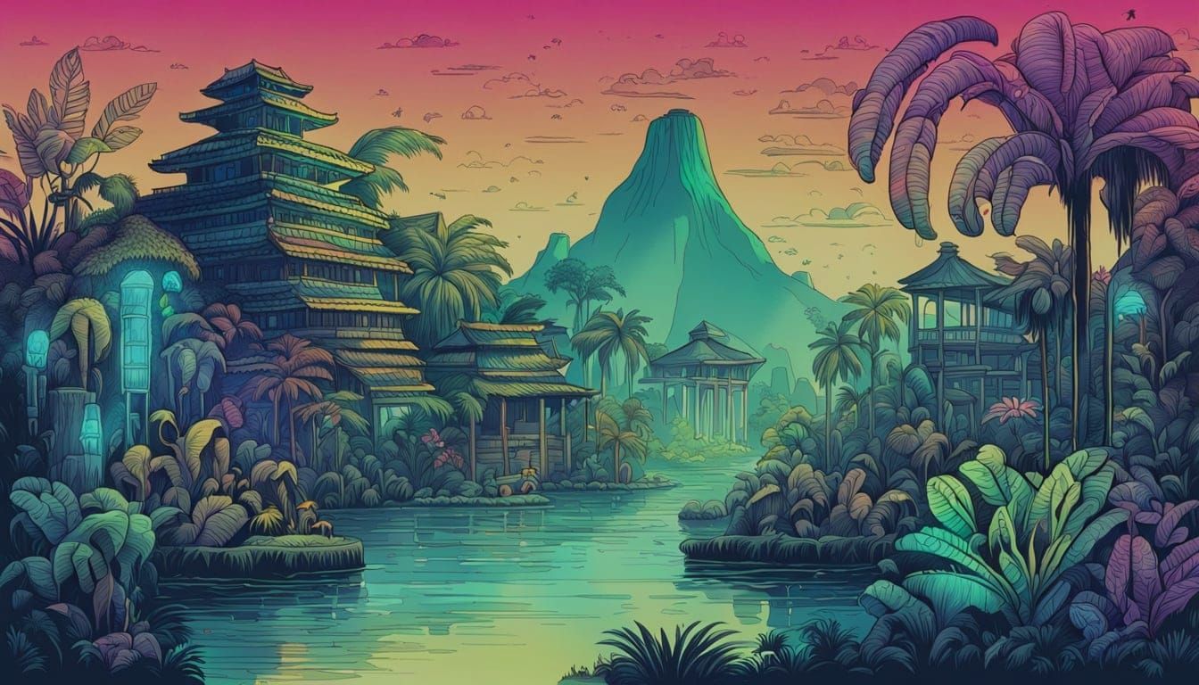 Ancient Amazonian City in Bioluminescent Sketchnote Style