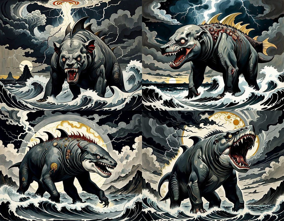 Surreal Ukiyo-e Fusion of Mythical Creatures