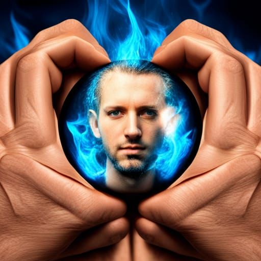 Man Trapped in Ring of Blue Fire: Hyperrealistic