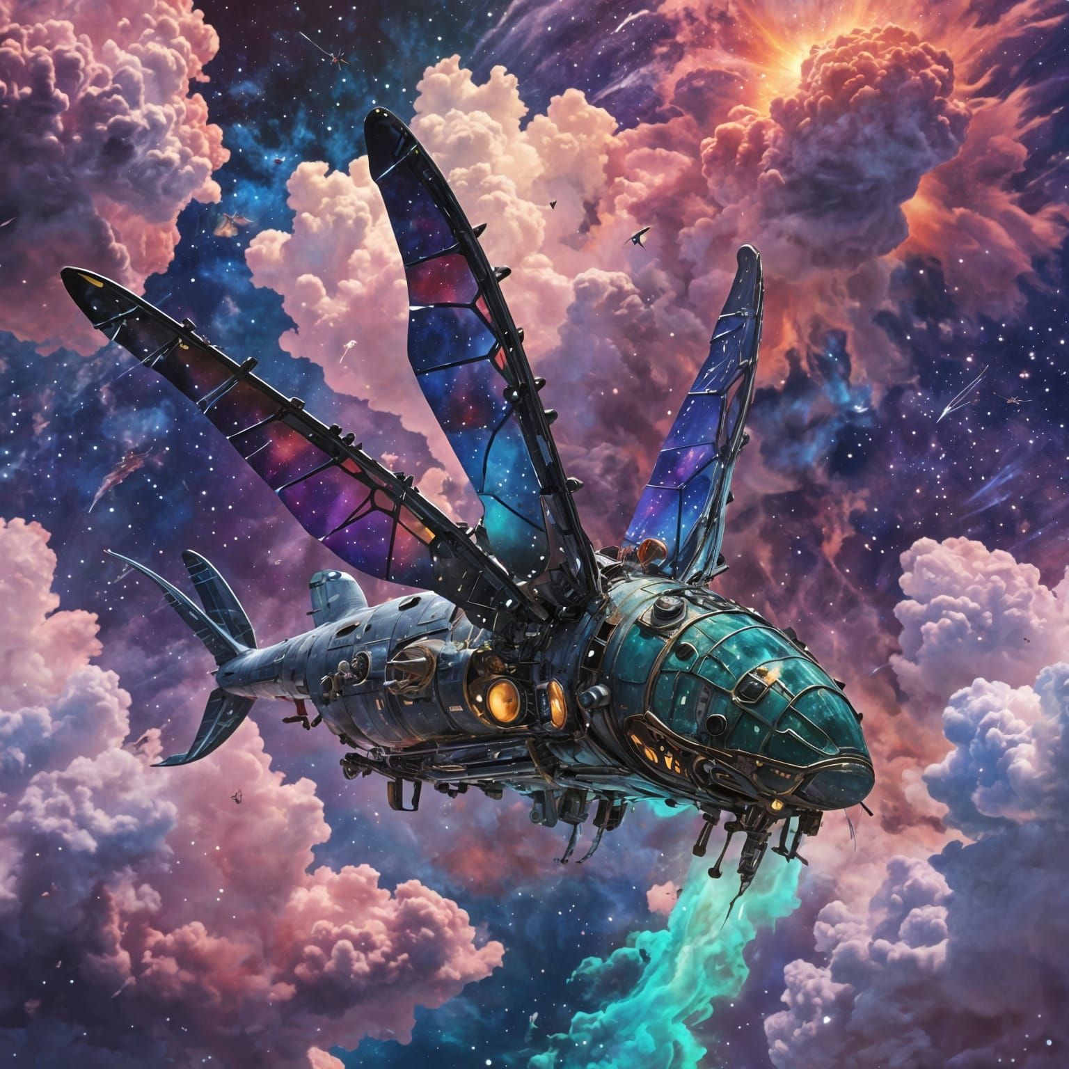 Vibrant Whale-Insect Spaceship Blends in Nebula