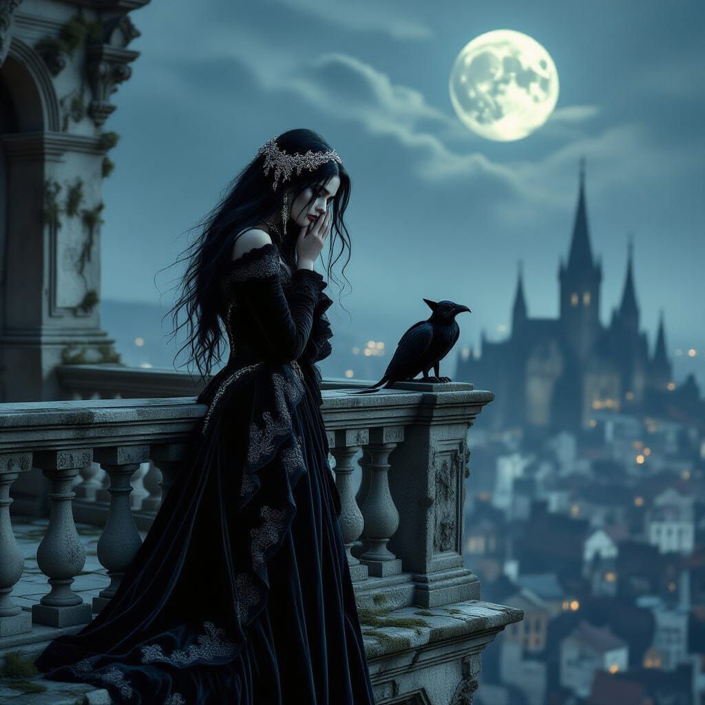 Goth Princess Overlooks Desolate Cityscape