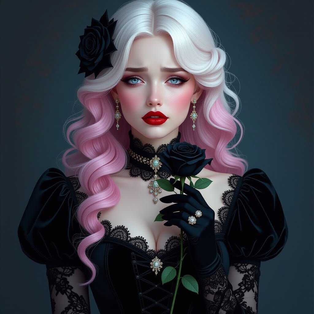 Gothic Woman Weeping with Rose in Photorealistic Style
