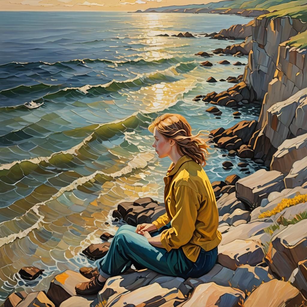 Contemplative Woman Seashore Oil Painting in Impressionist S...