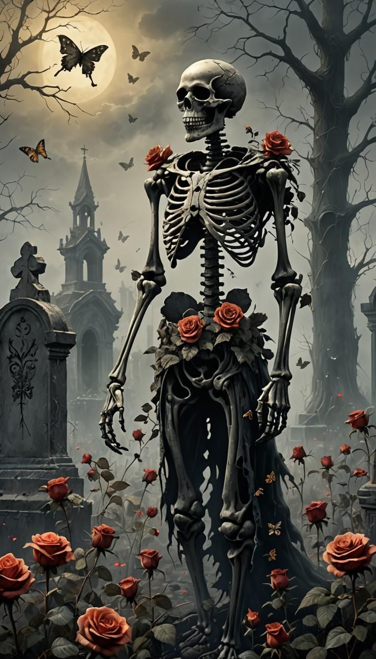 Skeleton in Graveyard with Roses and Butterflies