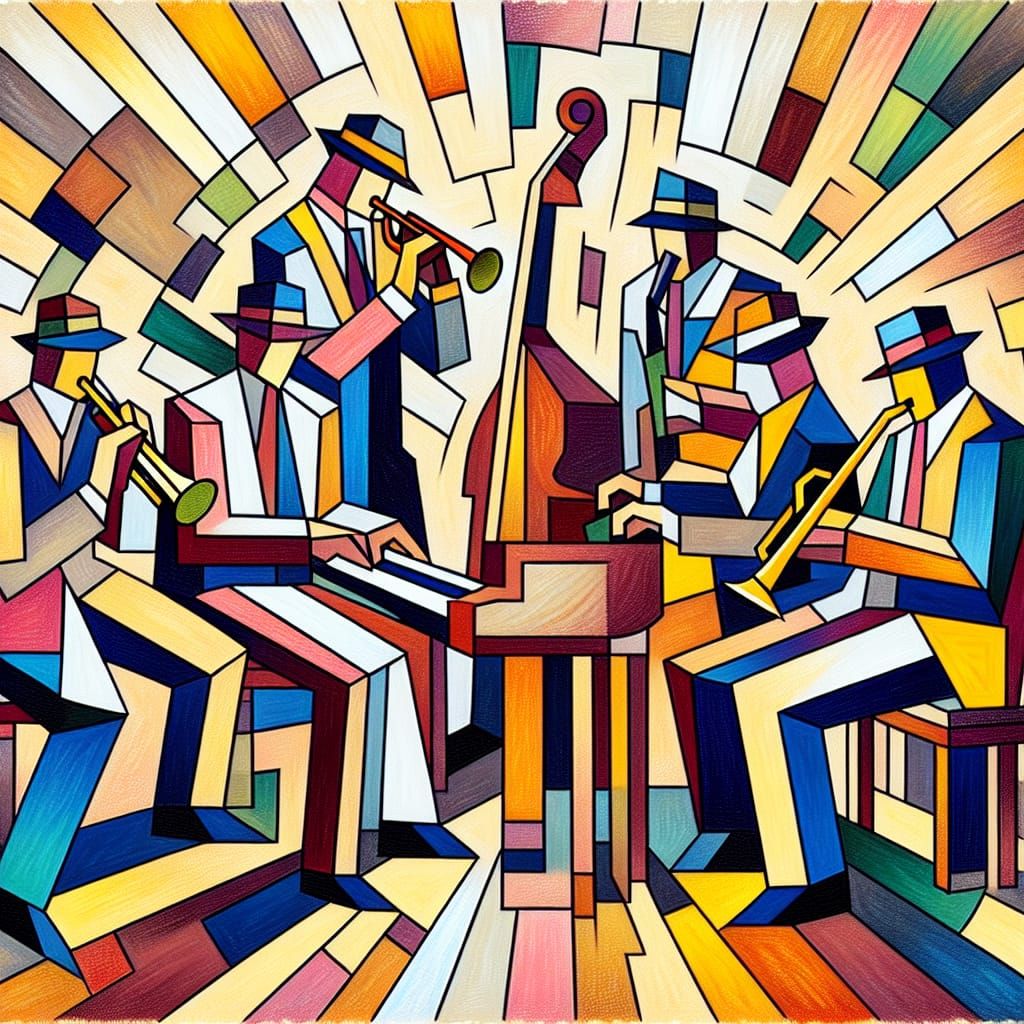Cubist Ragtime Ensemble in Vibrant Oil on Canvas