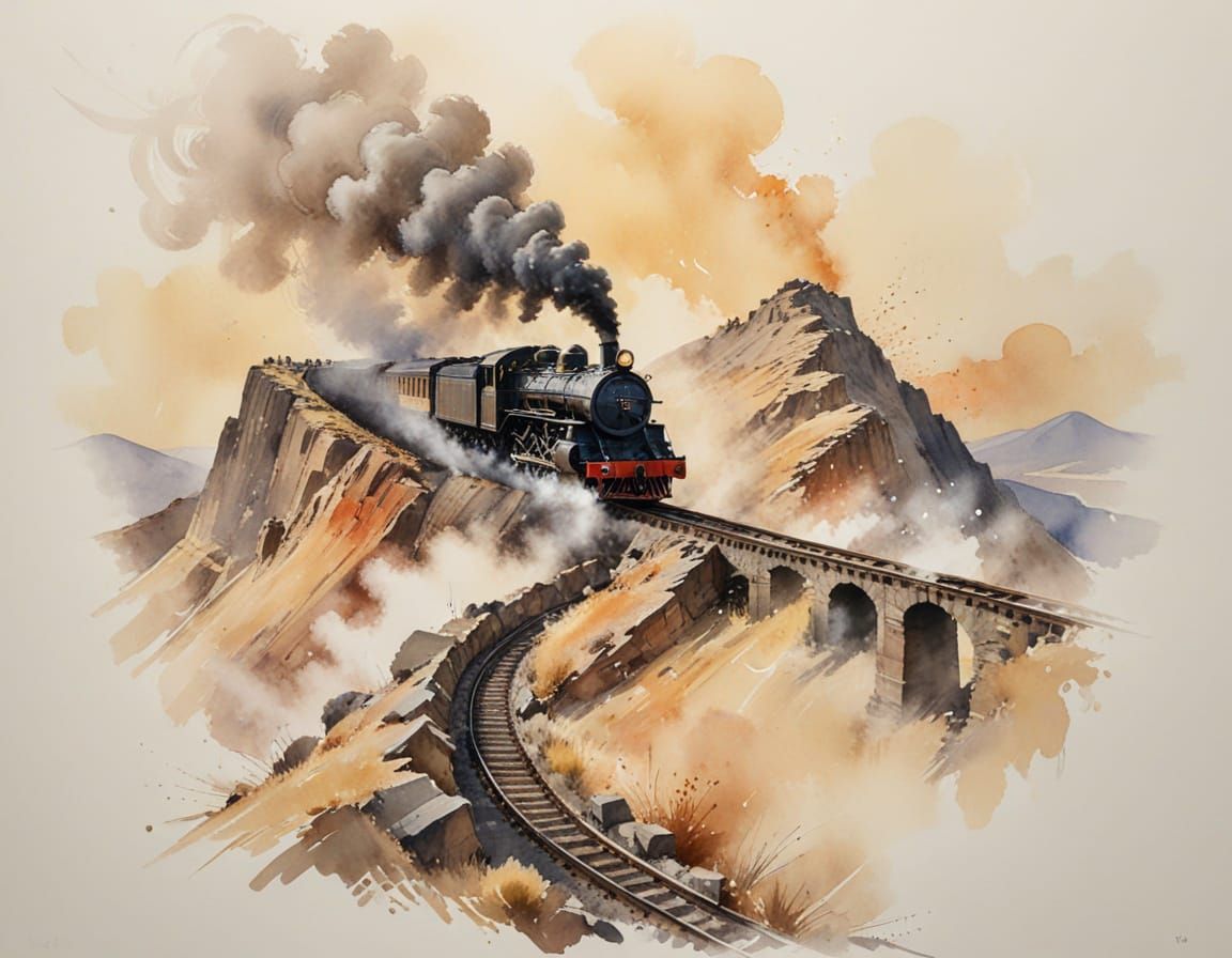 Steam Locomotive in Golden Twilight, Minimalist Style