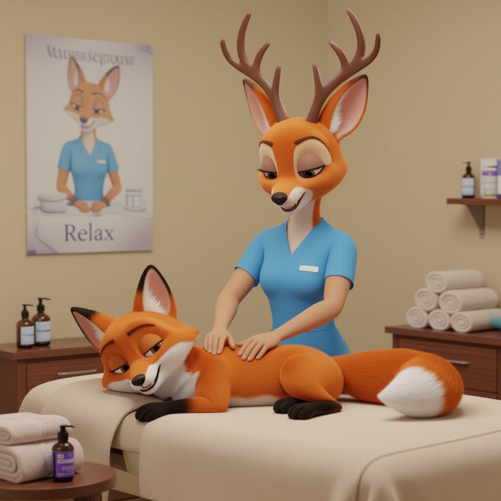 Fox Relaxation at the Spa: A Pixar-Style Scene