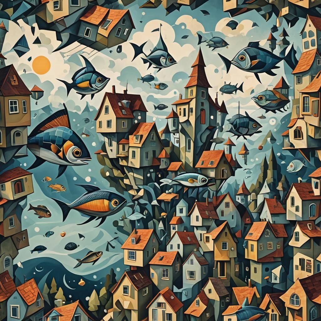 Surreal Cubist Dreamscape with Flying Fish
