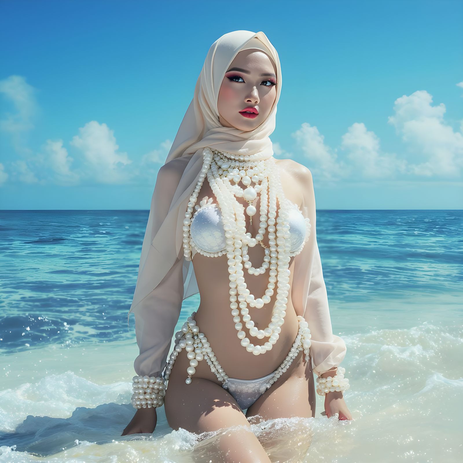 Pearl Bikini and Hijab in Art Nouveau Style