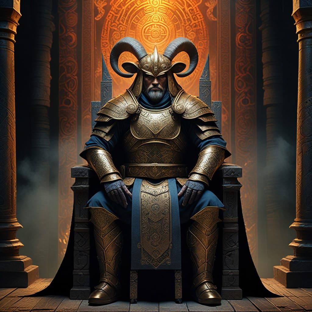 Regal Fantasy Warrior with Intricately Curled Ram Horns