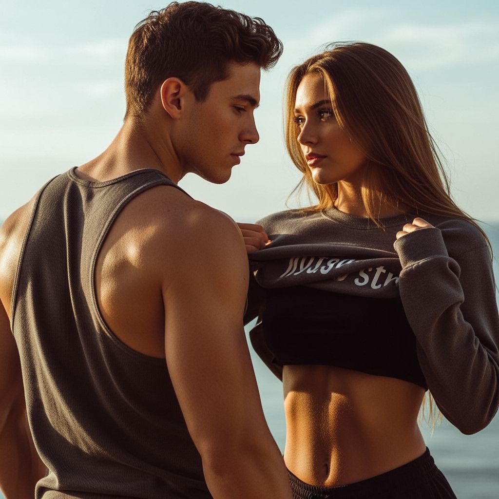 Bodybuilder Gazes at Girlfriend in Golden Hour Light