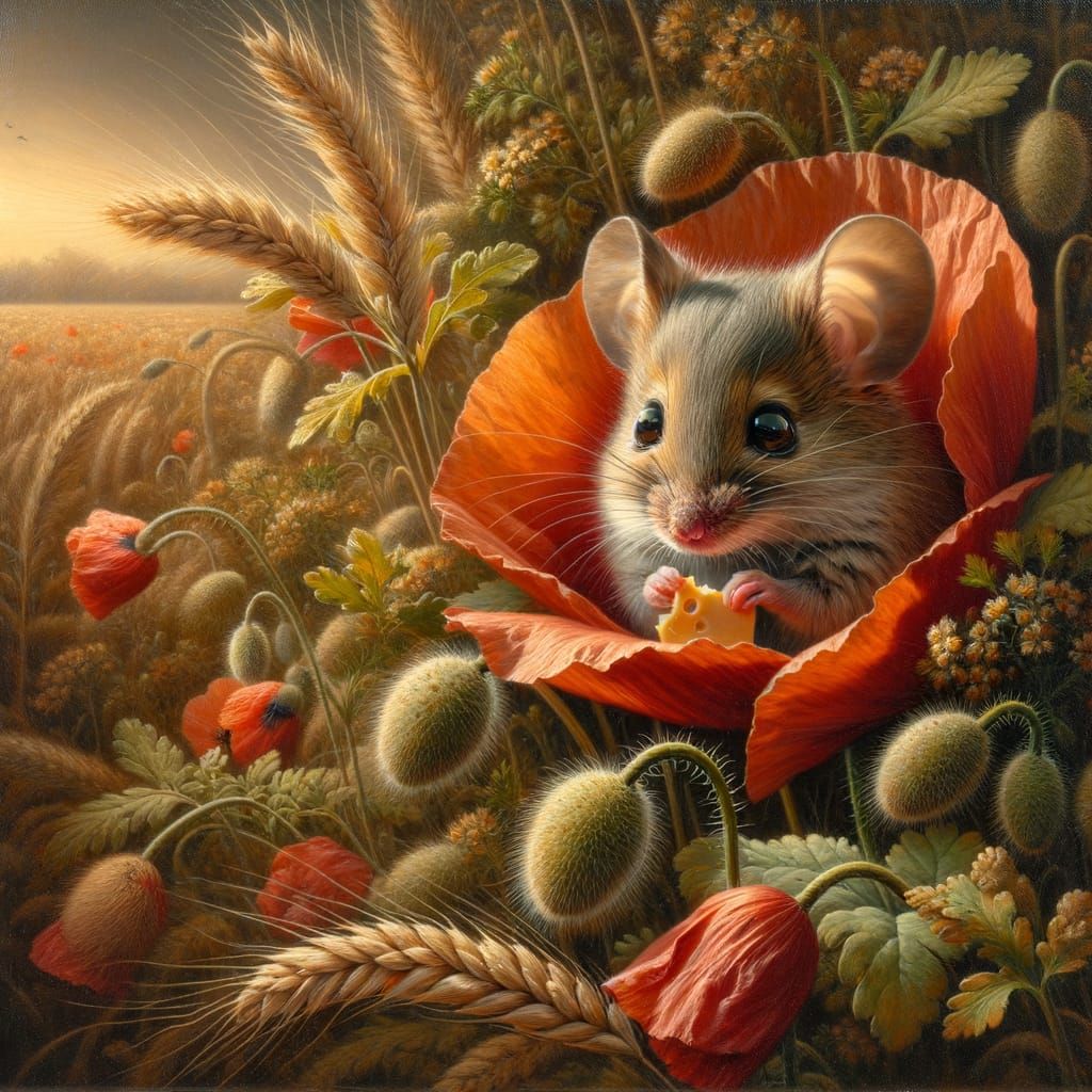 Mouse in Wildflowers: A Classical Realism Oil Painting