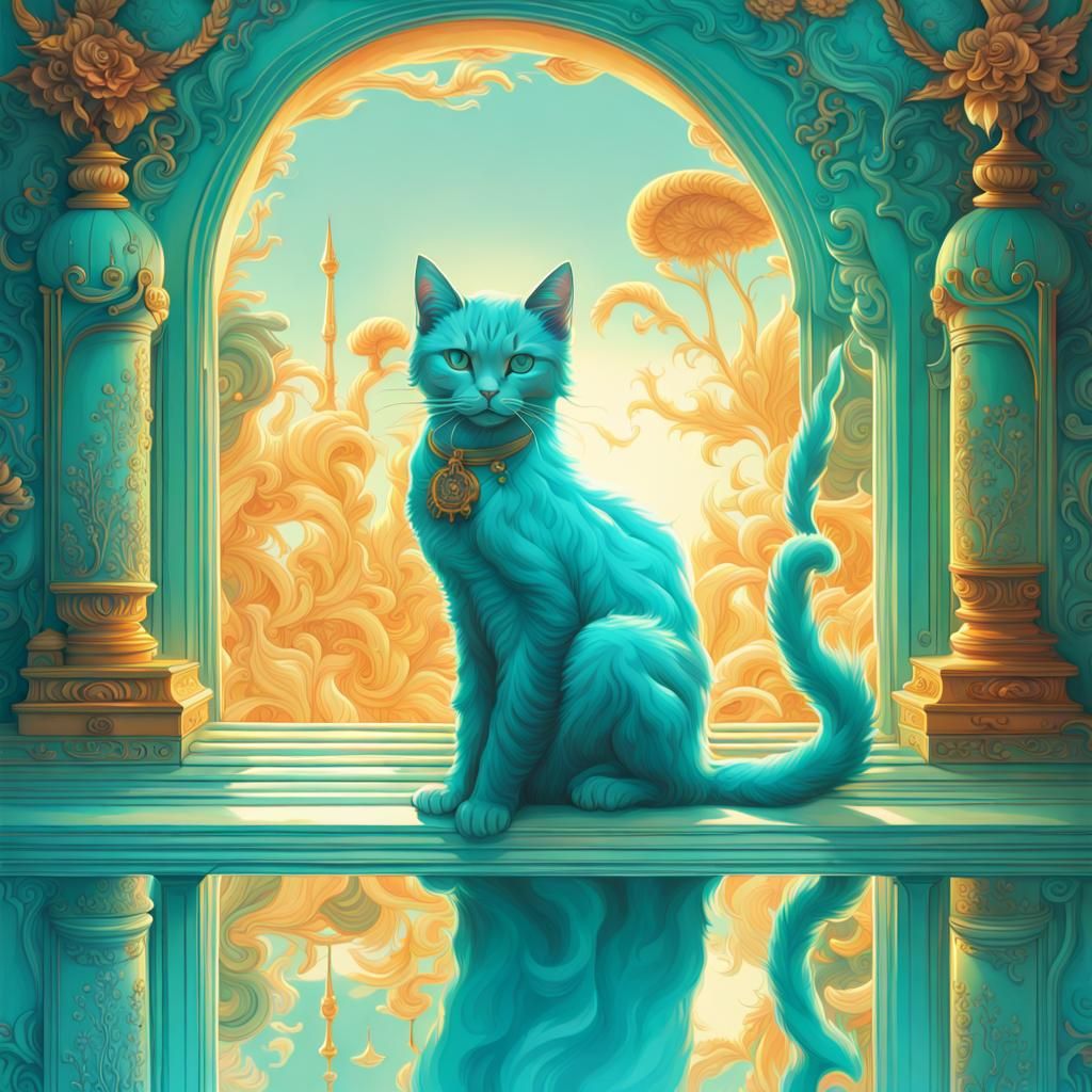 Turquoise Cat in Sunny, Detailed Digital Art