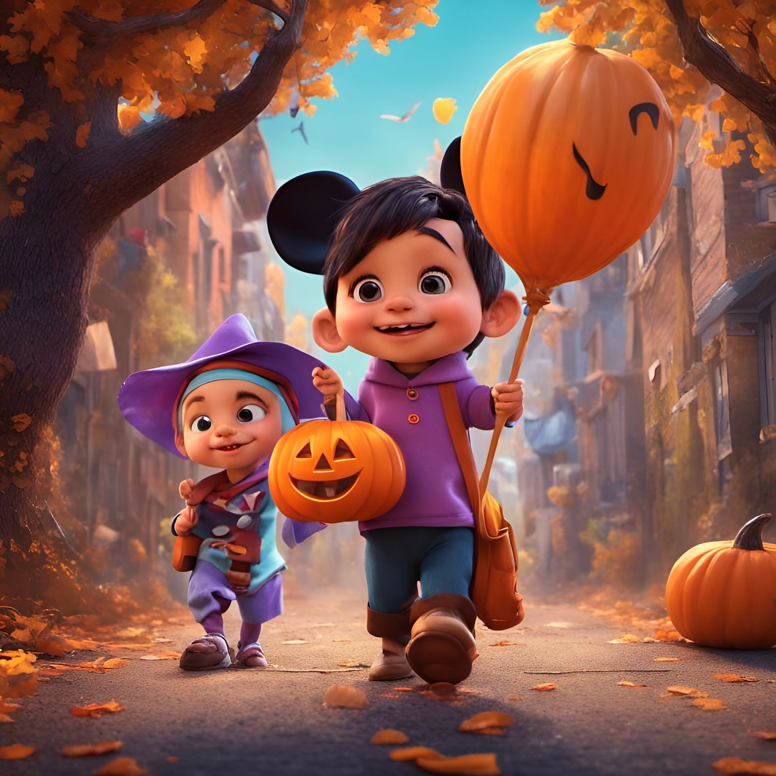 Kids Trick-or-Treating: 3D Digital Art Illustration