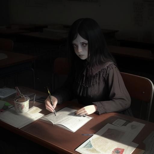 Sinister Watercolor of Sad Girl in Classroom