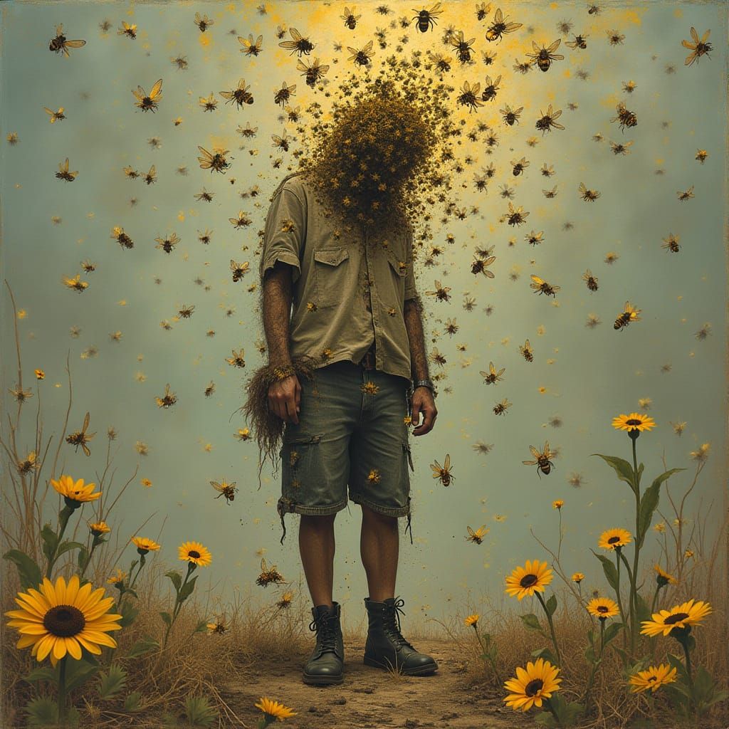 Surreal Scene: Infinite Bees Sting Legless Figure