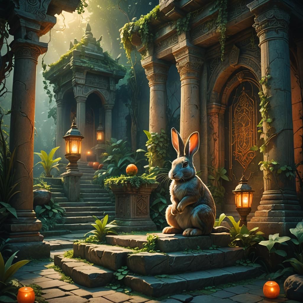 Rabbit on Pedestal in Mystical Temple