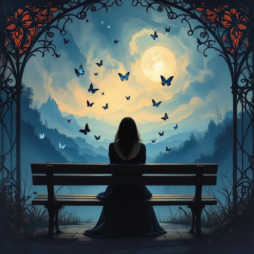 Woman Gazes at Ethereal Landscape with Butterflies in Art No...