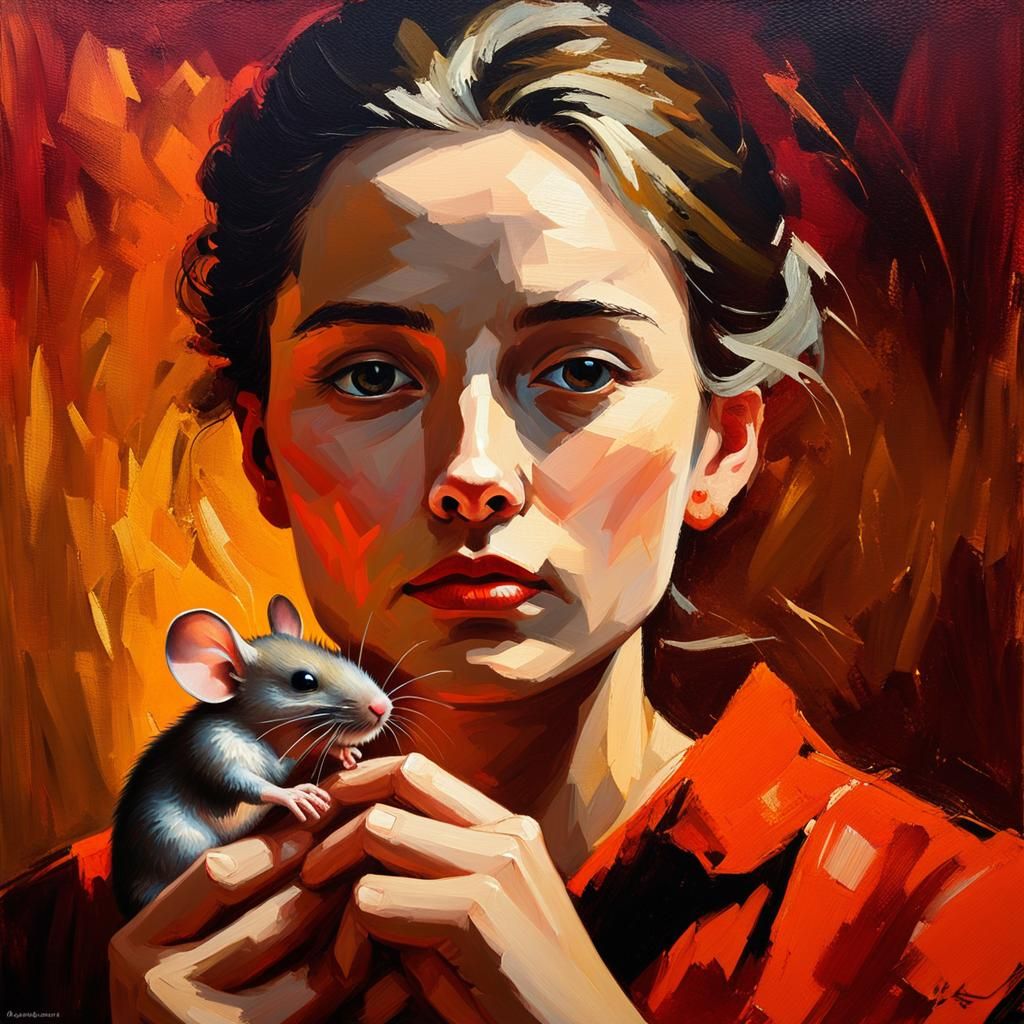 Woman Holding Mouse: Romantic Oil Painting