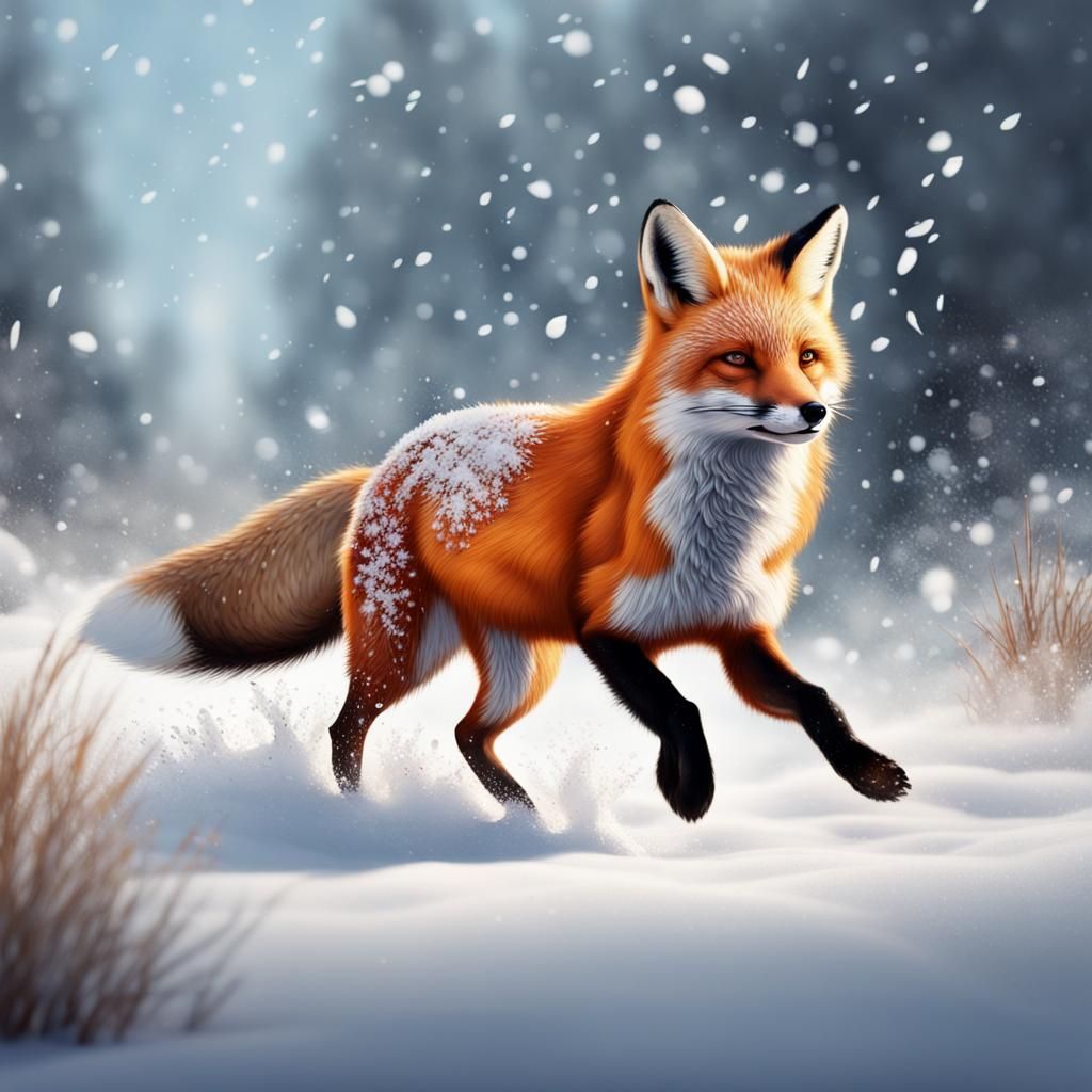 Fox Running in Winter Snow: Hyperrealistic Splash Art