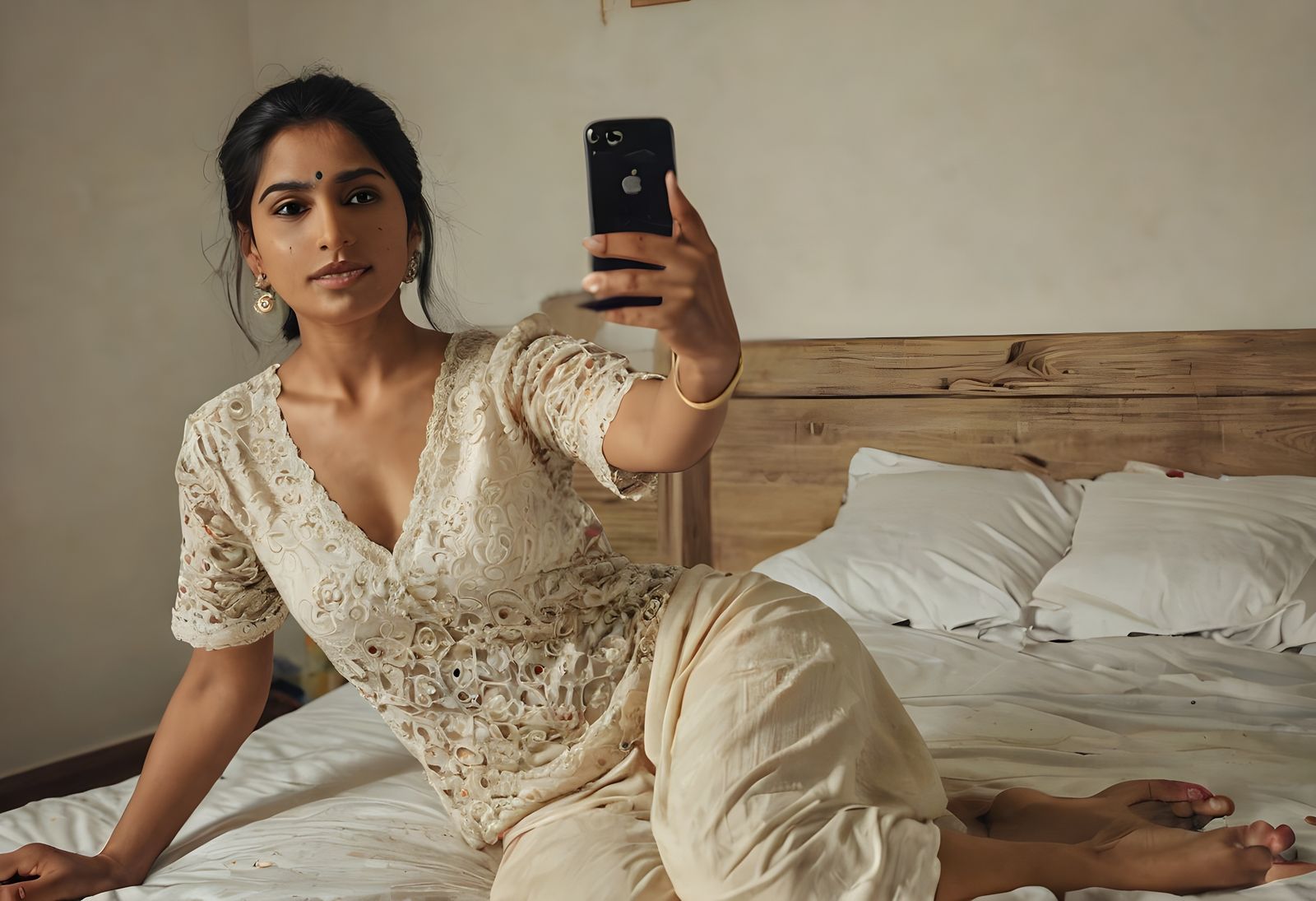 Indian woman posing for a selfie on a bed, in the bedroom