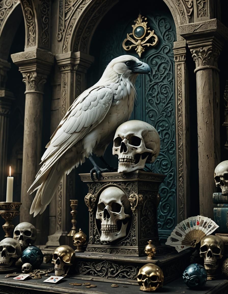 Raven with Skull and Cards in Dark Fantasy Art