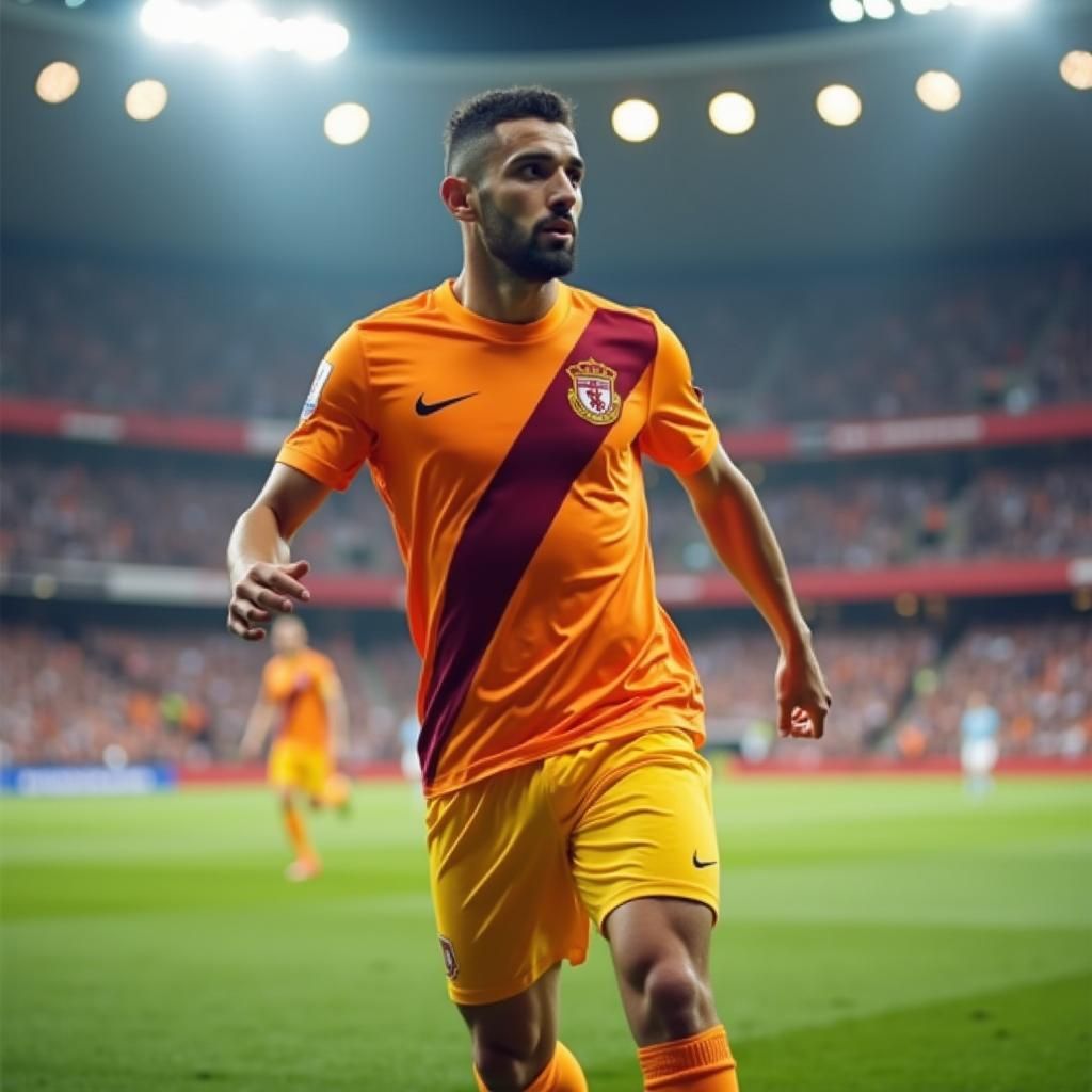 Arab Footballer in Orange Kit Plays in Stadium