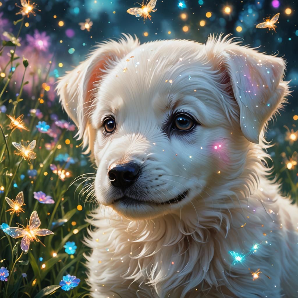 Sparkly Puppy with Firefly in Enchanted Meadow
