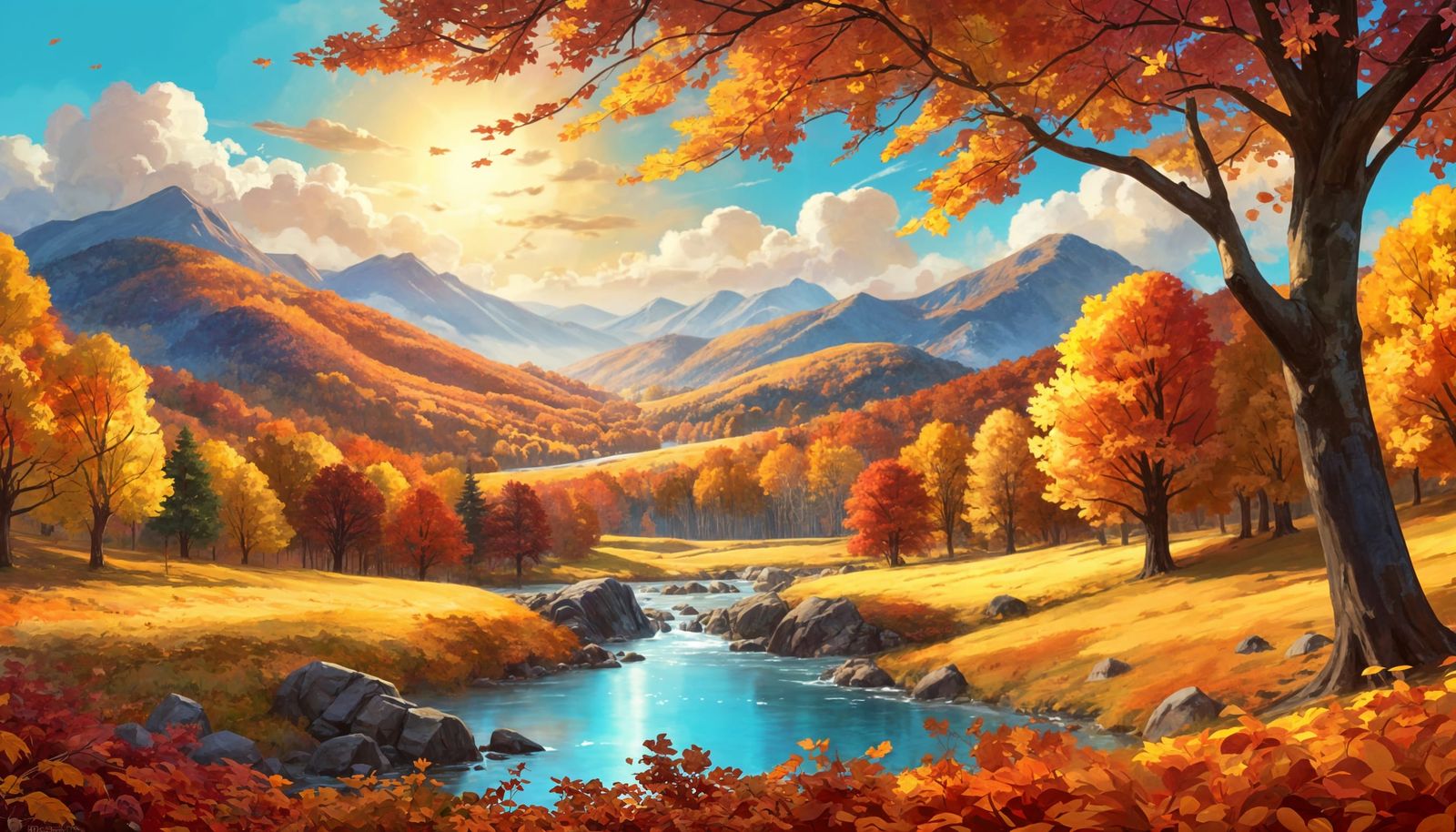 Vibrant Autumn Landscape Digital Painting