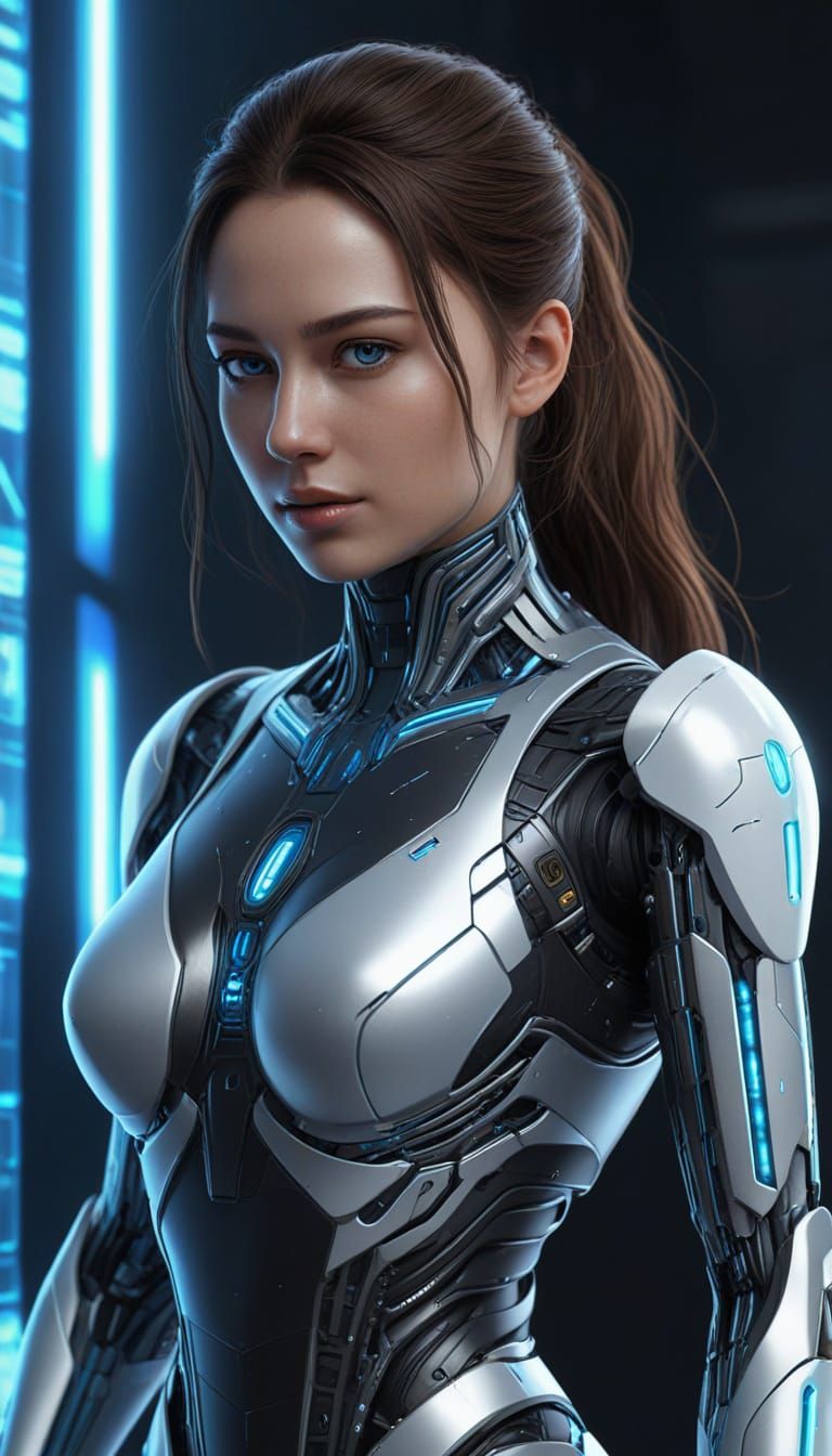 Futuristic AI Character in High-Tech Digital Environment