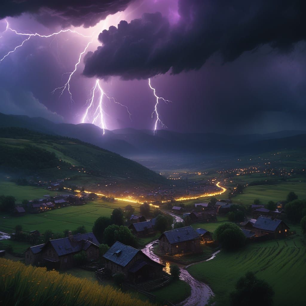 Dramatic Lightning Storm Over Valley Village