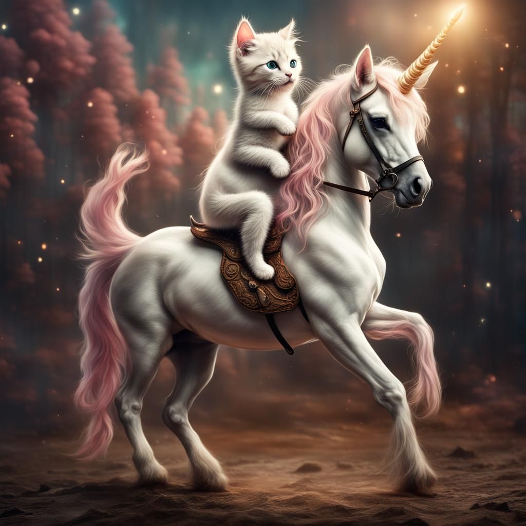 Kitten Riding a Unicorn in Hyperrealistic Style