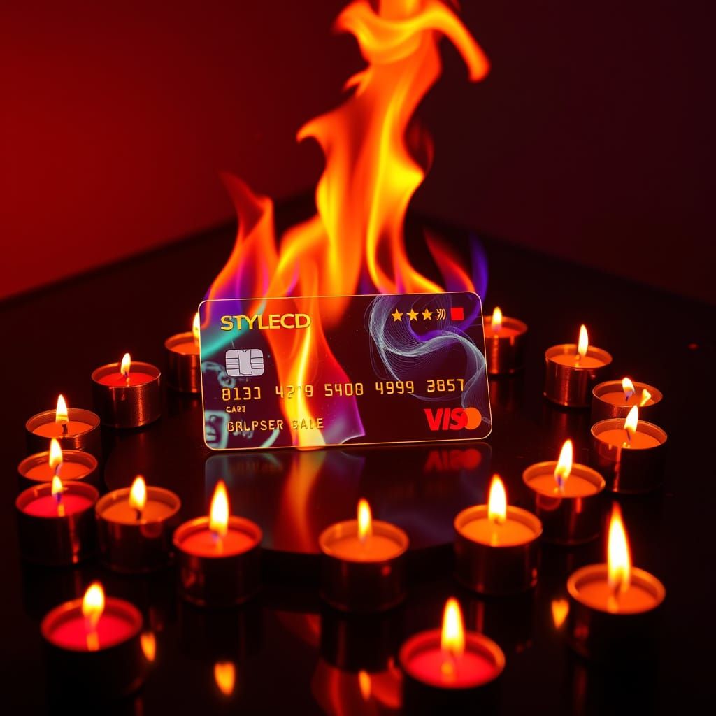 Glowing Credit Card in Flames Illuminated by Ritual Candles