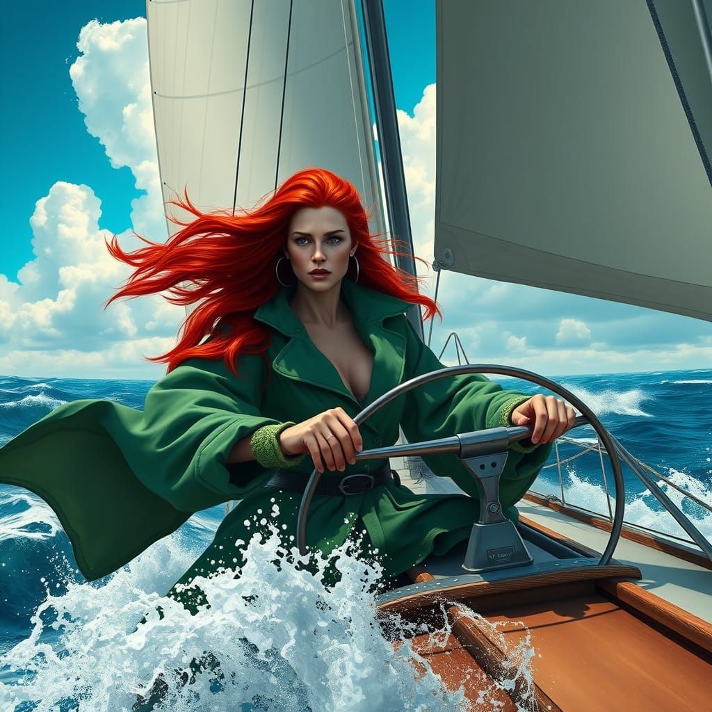 Stunning Red-Haired Sailor on Majestic Sailboat in Turbulent...