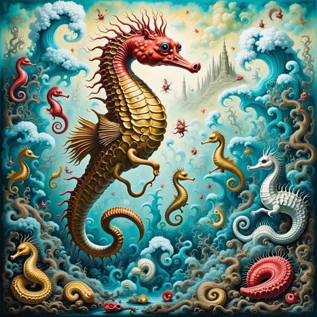 Surreal Ink Wash: Seahorse Race