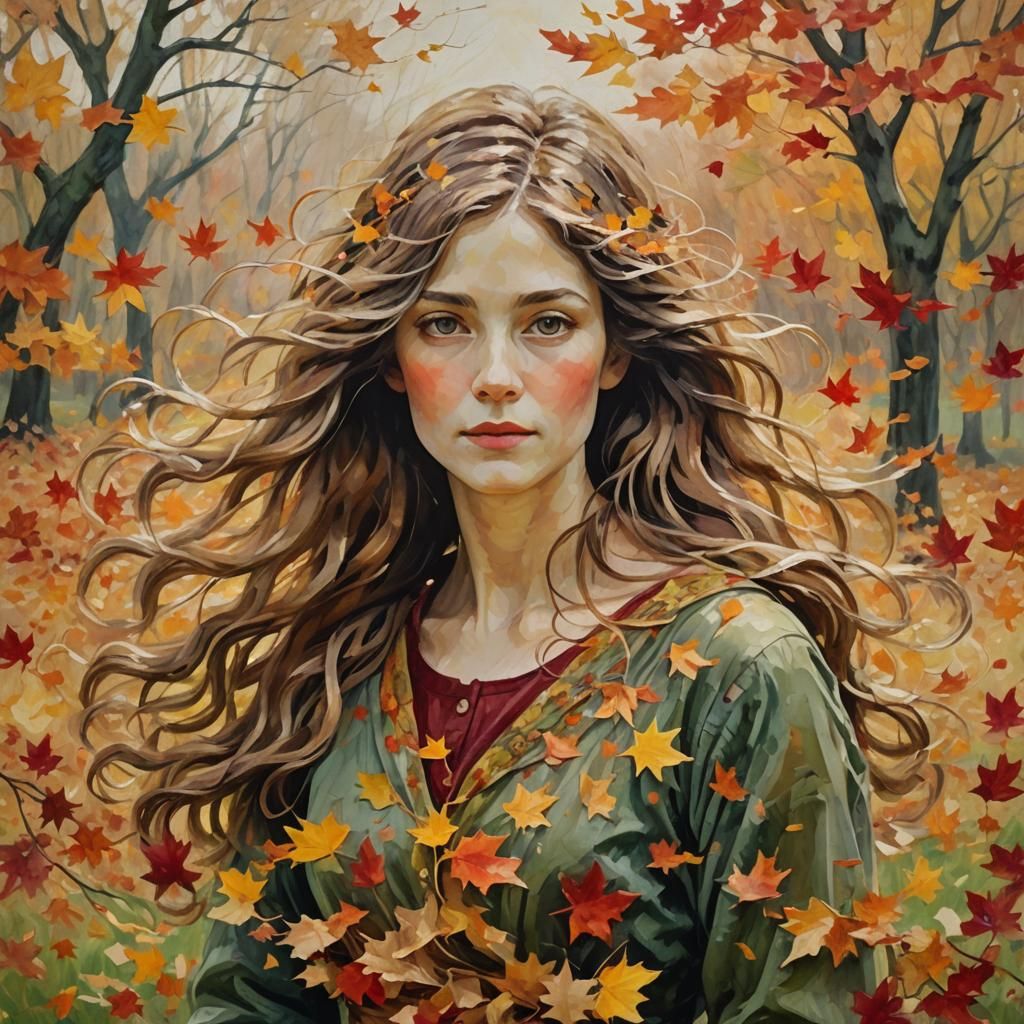 Ethereal Autumn Woman in Windswept Elm Field