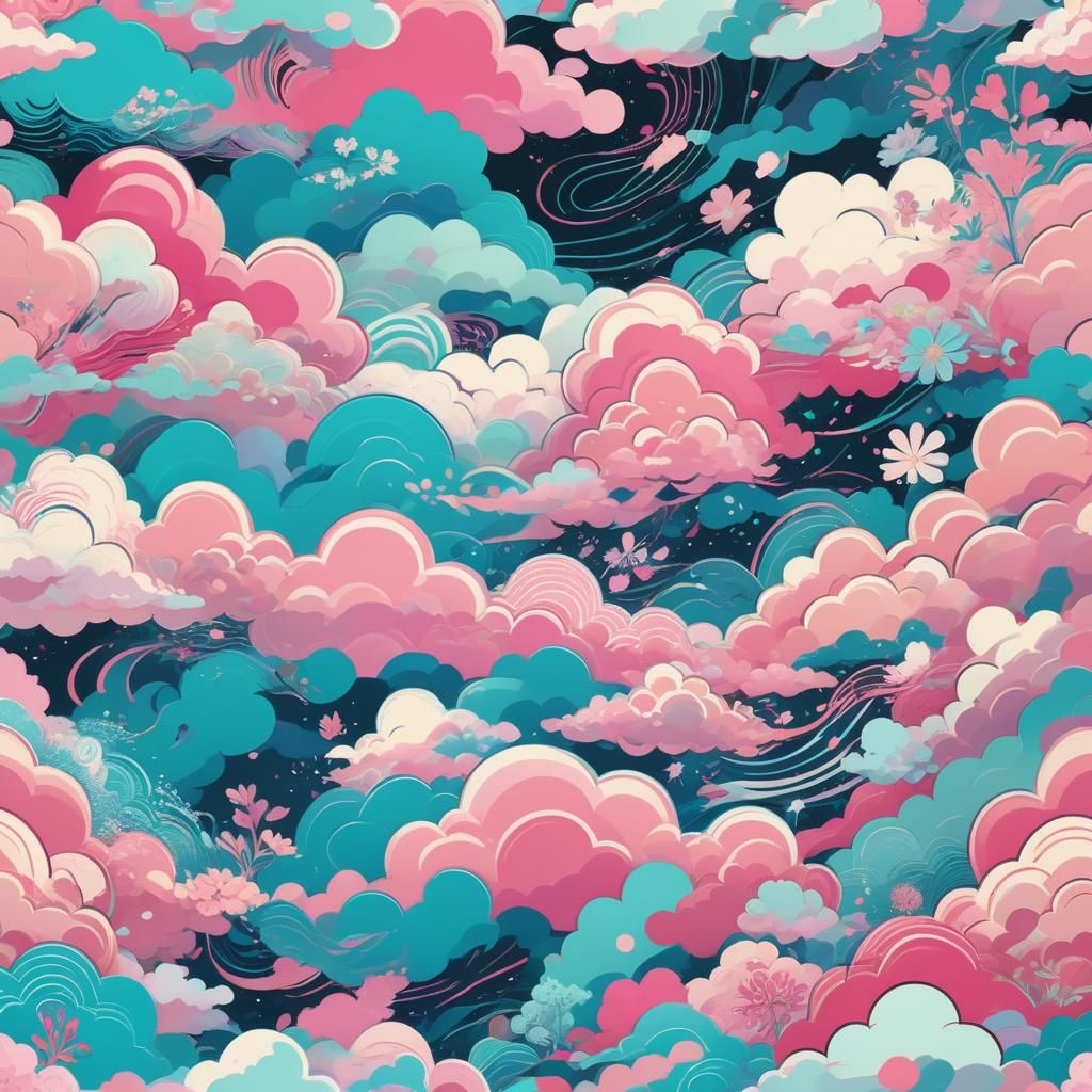 Psychedelic Anime Illustration with Clouds and Florals