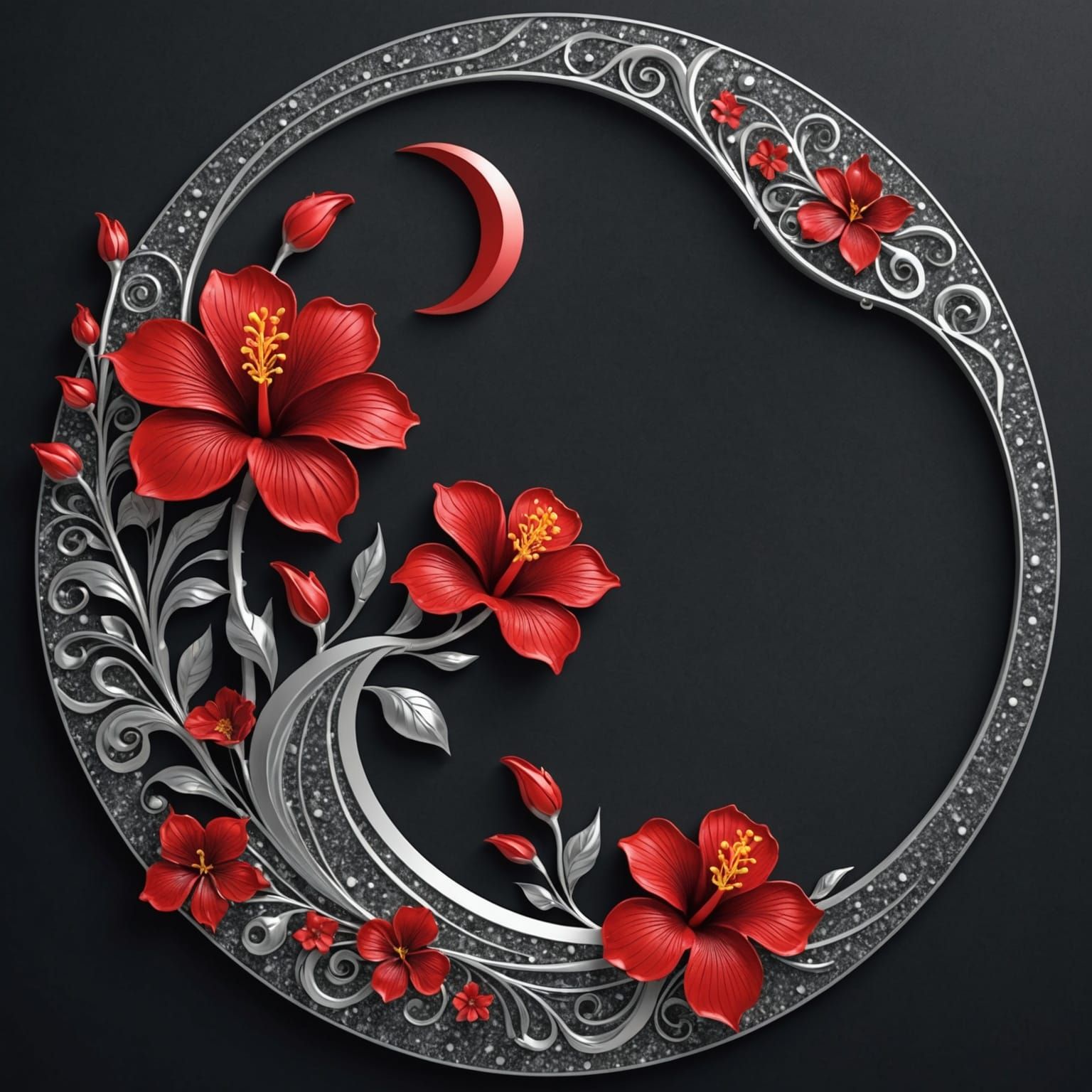 Red Hibiscus Flowers Under Silver Crescent Moon