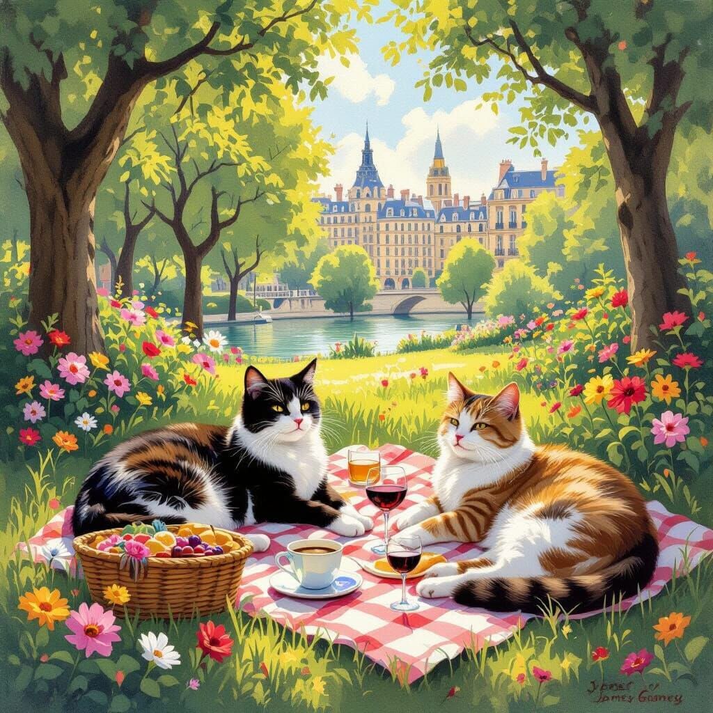 Whimsical Cats Picnic in Parisian Park, Impressionist Style