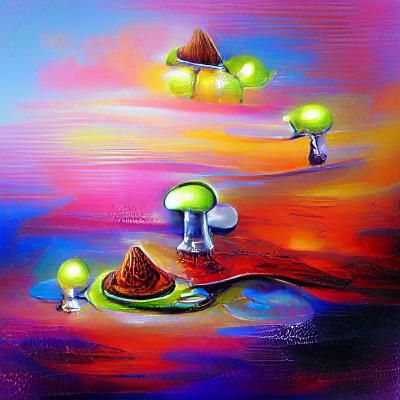 Neon Mushrooms on Floating Island: Surreal Oil Painting