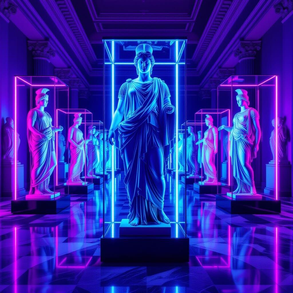Greco-Roman Statues in Museum Corridor with Neon Lighting