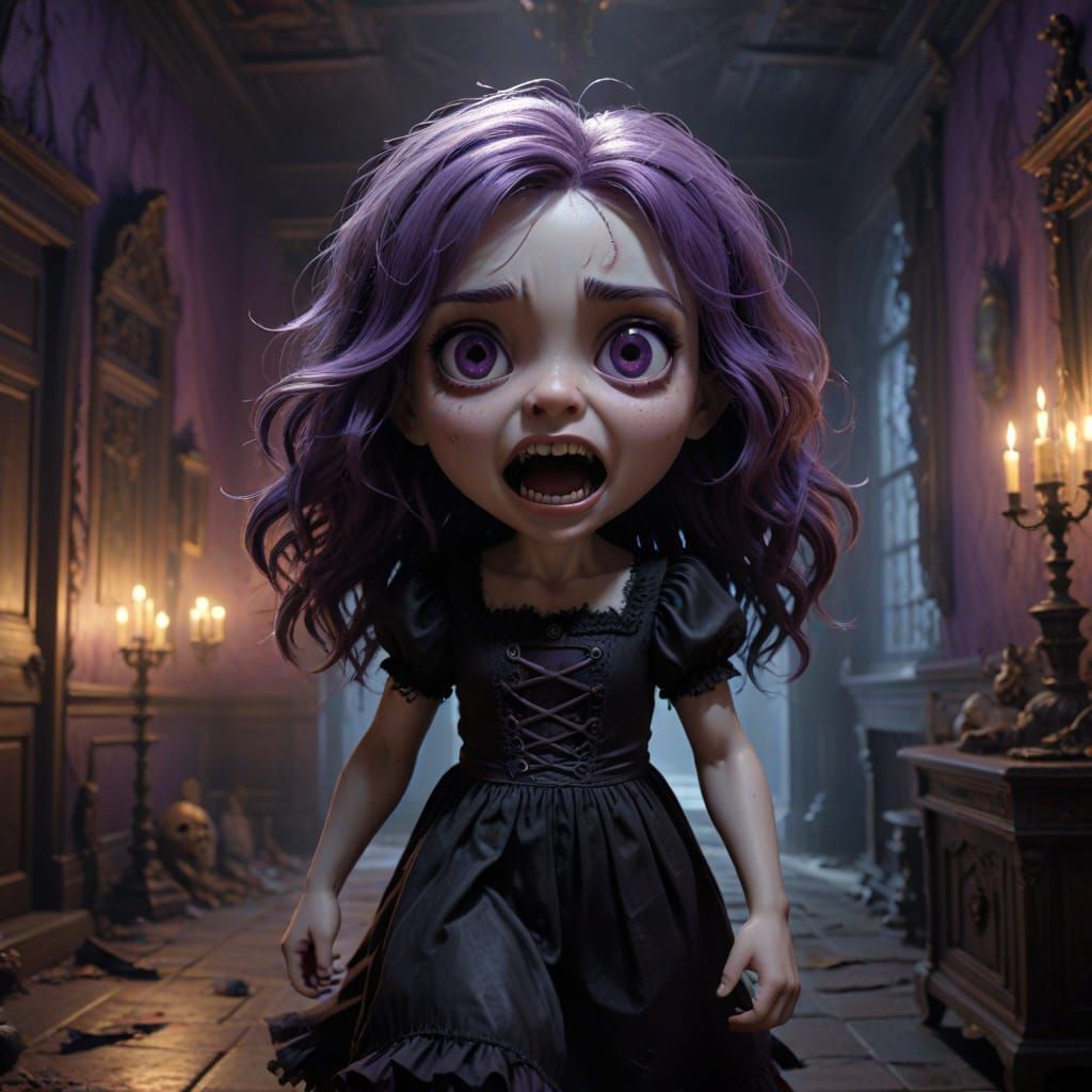 Gothic Surrealism Horror: Chibi Goth Girl Chased by Shadow M...
